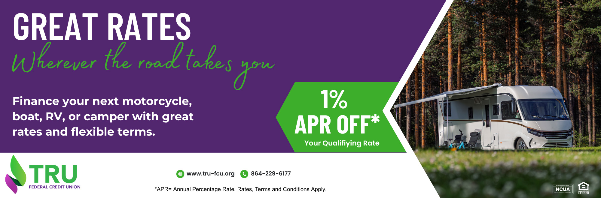 Finance your vehicle with great rates and flexible terms. 1% Annual Percentage Rate off. Conditions apply. Call 864-229-6177.